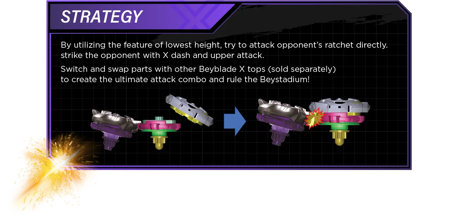 Keel Shark 3-60lF-Strategy Strategy: By utilizing the feature of lowest height, try to attack opponent’s ratchet directly. strike the opponent with X dash and upper attack. Switch and swap parts with other Beyblade X tops (sold separately) to create the ultimate attack combo and rule the Beystadium!